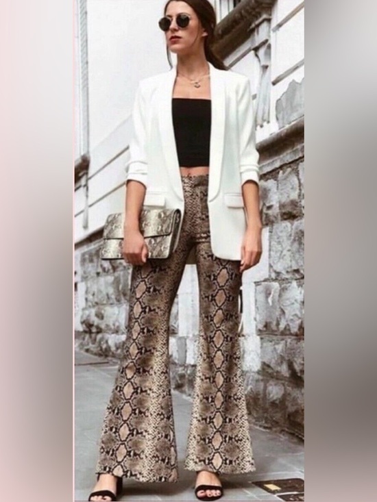 Zara Pants - EUC ZARA Snakeskin Flowy Flare Leg Pants Hi Rise Stretch Light XL Tan/Black/Gold
